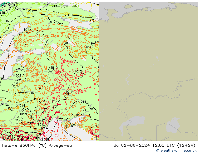 Theta-e 850hPa Arpege-eu Su 02.06.2024 12 UTC