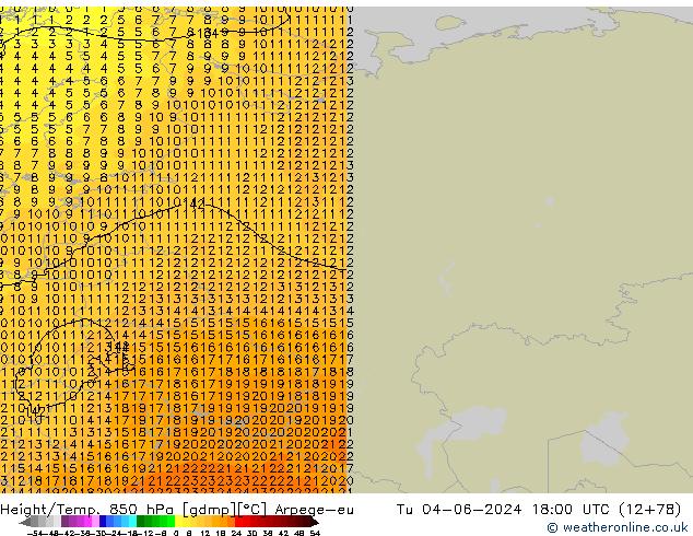 Géop./Temp. 850 hPa Arpege-eu mar 04.06.2024 18 UTC