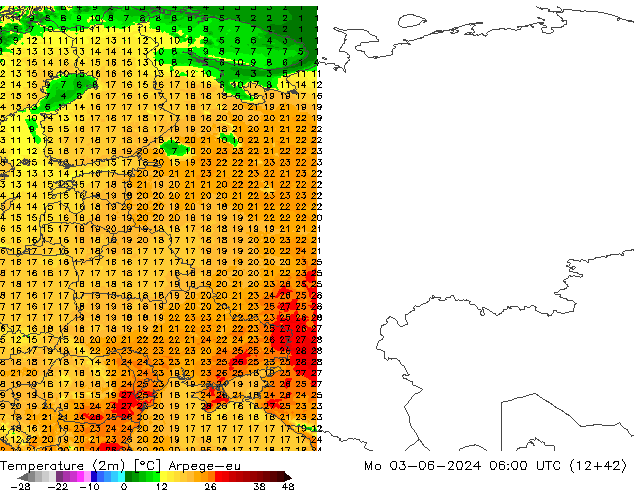 Sıcaklık Haritası (2m) Arpege-eu Pzt 03.06.2024 06 UTC