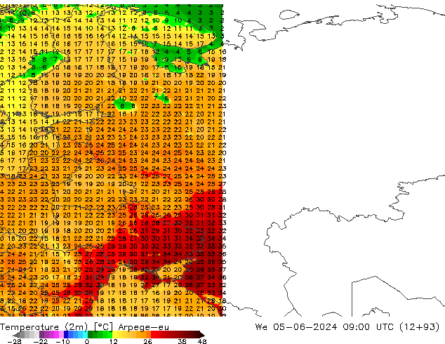 Sıcaklık Haritası (2m) Arpege-eu Çar 05.06.2024 09 UTC