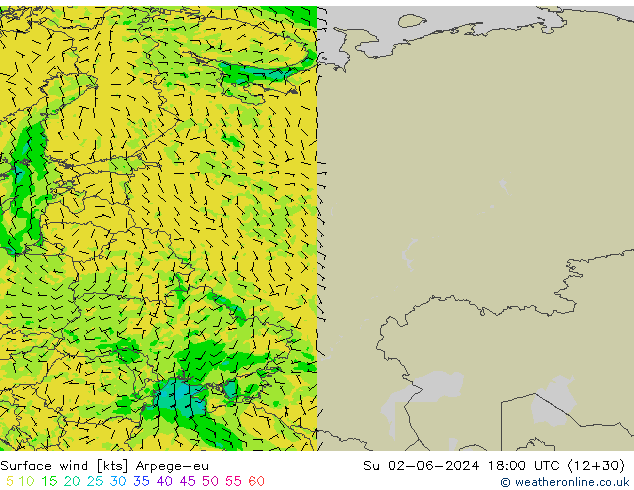 Surface wind Arpege-eu Ne 02.06.2024 18 UTC