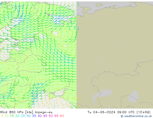 Wind 850 hPa Arpege-eu Tu 04.06.2024 09 UTC