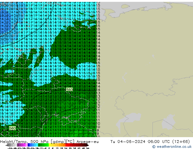 Hoogte/Temp. 500 hPa Arpege-eu di 04.06.2024 06 UTC