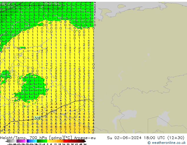 Height/Temp. 700 hPa Arpege-eu Ne 02.06.2024 18 UTC