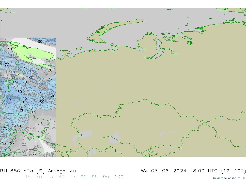 RH 850 hPa Arpege-eu mer 05.06.2024 18 UTC