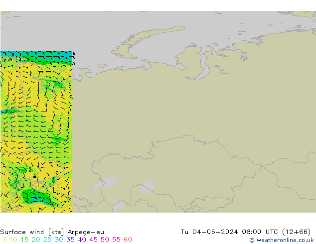 Surface wind Arpege-eu Tu 04.06.2024 06 UTC