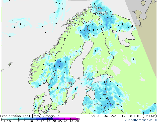 Precipitação (6h) Arpege-eu Sáb 01.06.2024 18 UTC