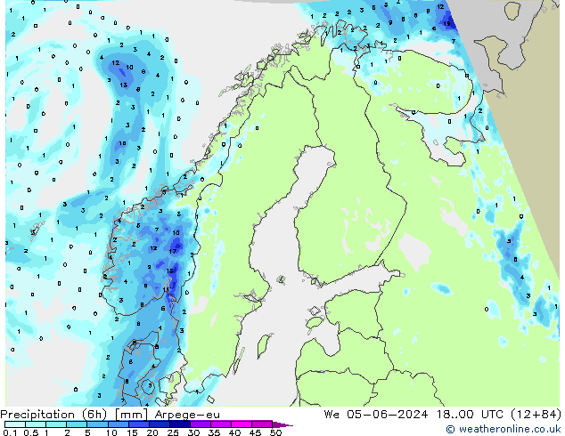 Précipitation (6h) Arpege-eu mer 05.06.2024 00 UTC