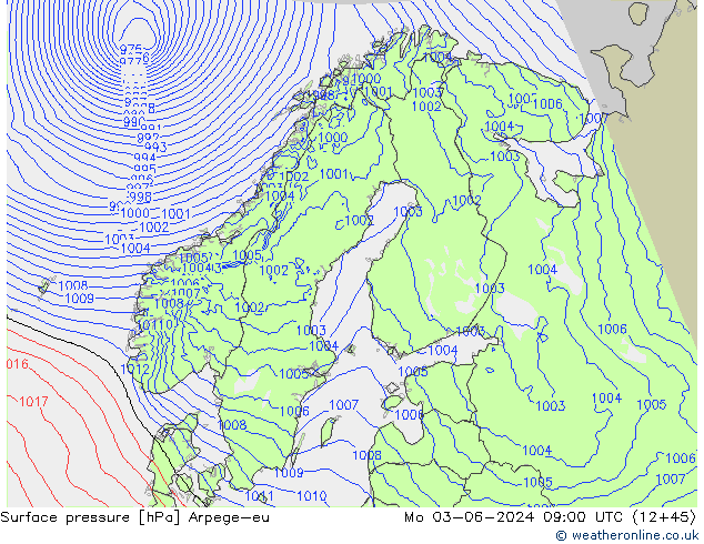 Pressione al suolo Arpege-eu lun 03.06.2024 09 UTC