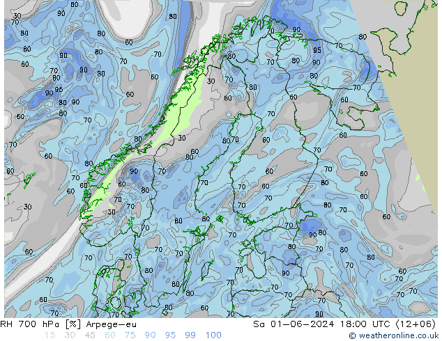 RH 700 hPa Arpege-eu Sa 01.06.2024 18 UTC