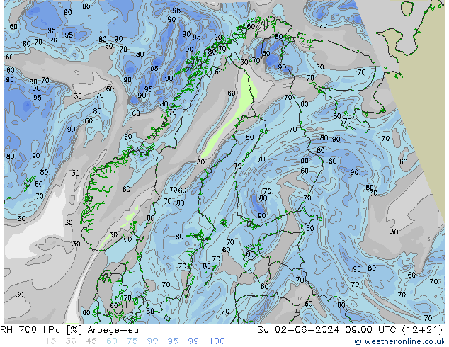 RH 700 hPa Arpege-eu nie. 02.06.2024 09 UTC