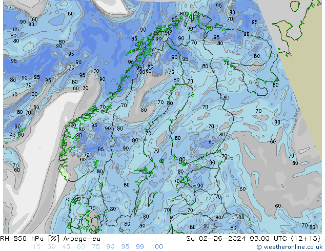 Humidité rel. 850 hPa Arpege-eu dim 02.06.2024 03 UTC