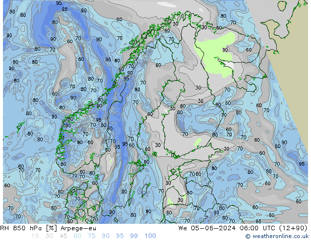 RH 850 hPa Arpege-eu We 05.06.2024 06 UTC