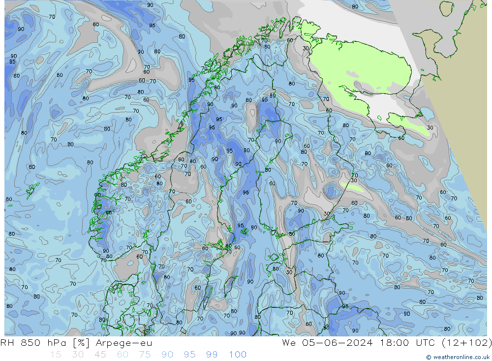 RH 850 гПа Arpege-eu ср 05.06.2024 18 UTC