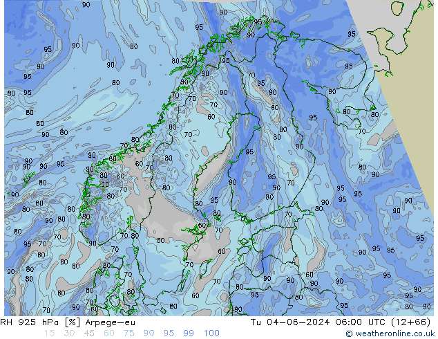 RH 925 hPa Arpege-eu Tu 04.06.2024 06 UTC