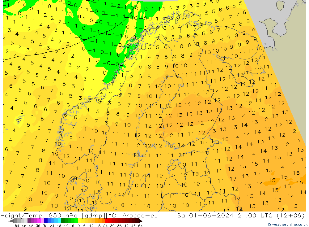 Height/Temp. 850 hPa Arpege-eu Sa 01.06.2024 21 UTC