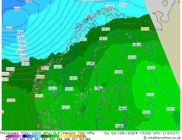 Schichtdicke 700-1000 hPa Arpege-eu So 02.06.2024 15 UTC