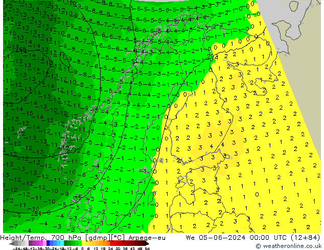 Height/Temp. 700 hPa Arpege-eu Qua 05.06.2024 00 UTC