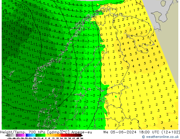 Height/Temp. 700 hPa Arpege-eu Mi 05.06.2024 18 UTC