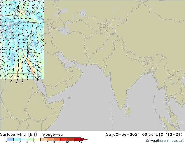 Surface wind (bft) Arpege-eu Su 02.06.2024 09 UTC