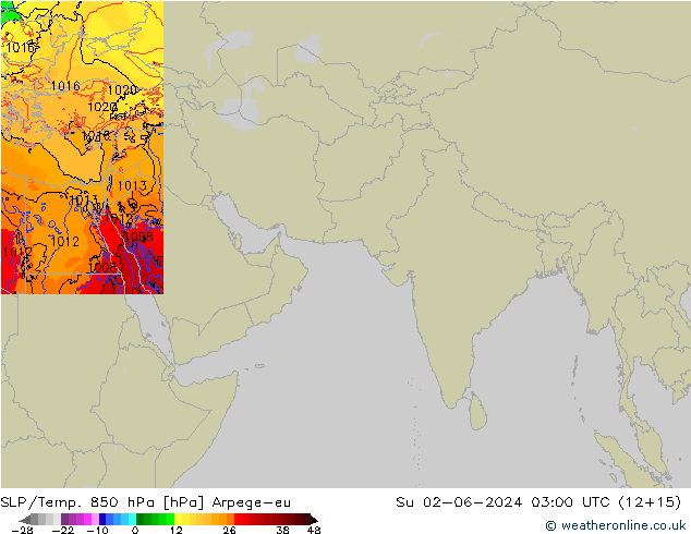 850 hPa Yer Bas./Sıc Arpege-eu Paz 02.06.2024 03 UTC