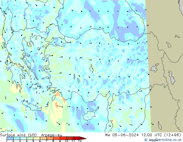 Surface wind (bft) Arpege-eu St 05.06.2024 12 UTC