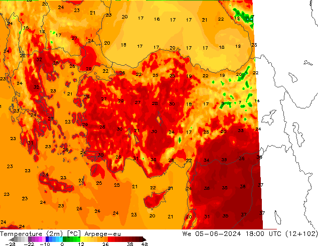 température (2m) Arpege-eu mer 05.06.2024 18 UTC
