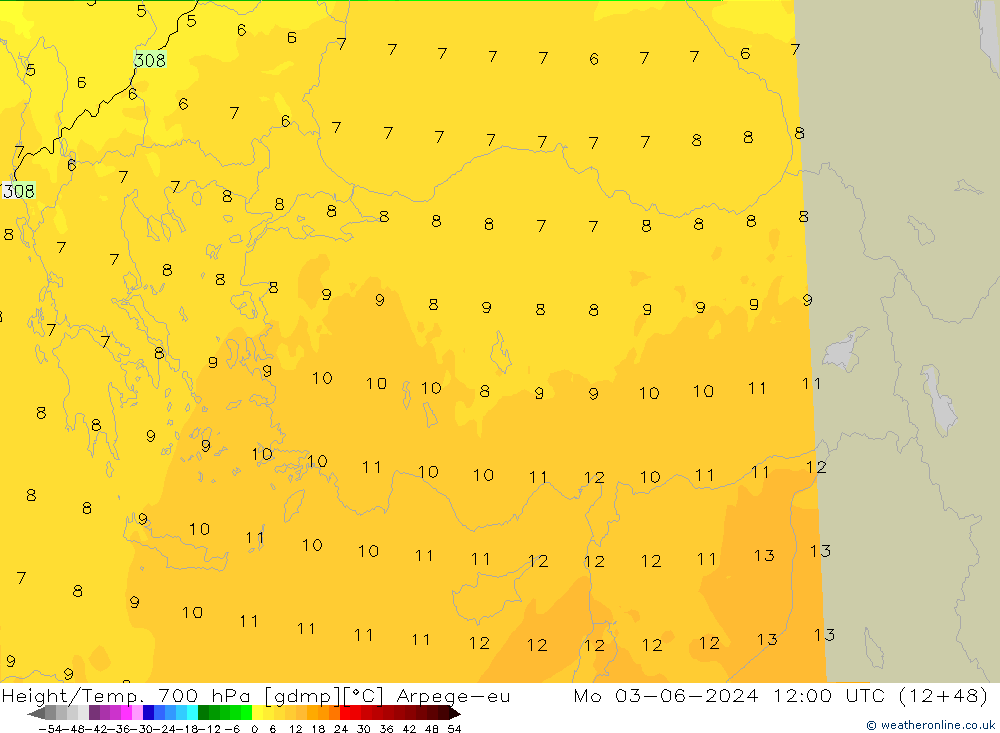 Height/Temp. 700 hPa Arpege-eu  03.06.2024 12 UTC