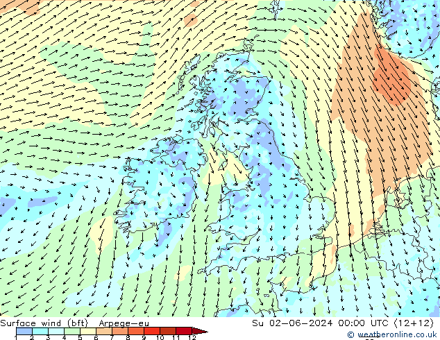 Surface wind (bft) Arpege-eu Su 02.06.2024 00 UTC