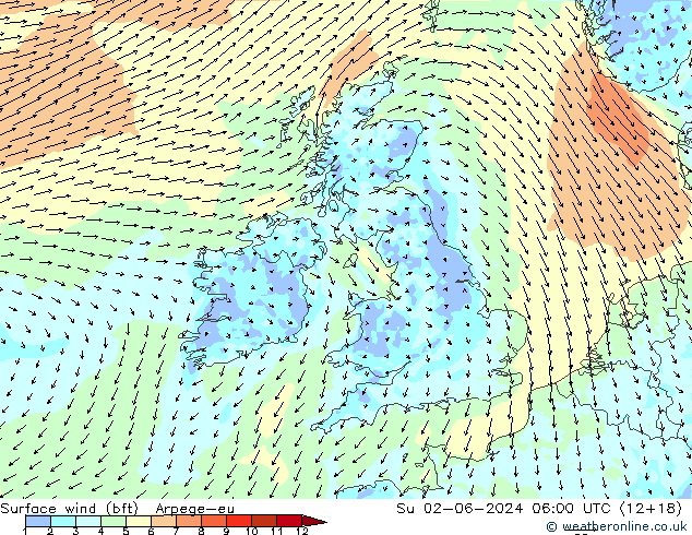 Surface wind (bft) Arpege-eu Su 02.06.2024 06 UTC