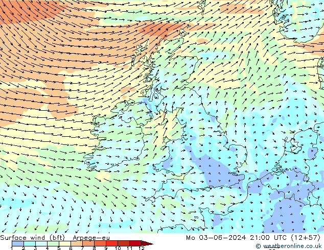 Vento 10 m (bft) Arpege-eu lun 03.06.2024 21 UTC