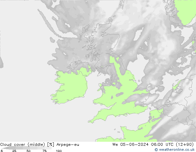 Cloud cover (middle) Arpege-eu We 05.06.2024 06 UTC