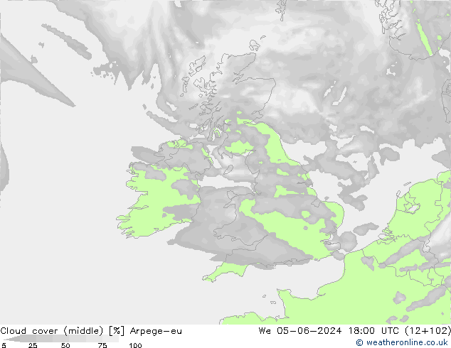 Cloud cover (middle) Arpege-eu We 05.06.2024 18 UTC