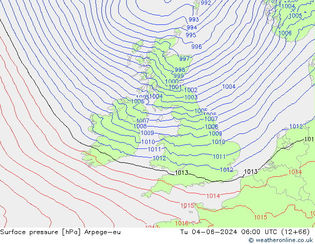 Surface pressure Arpege-eu Tu 04.06.2024 06 UTC