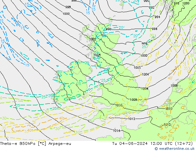 Theta-e 850hPa Arpege-eu Sa 04.06.2024 12 UTC