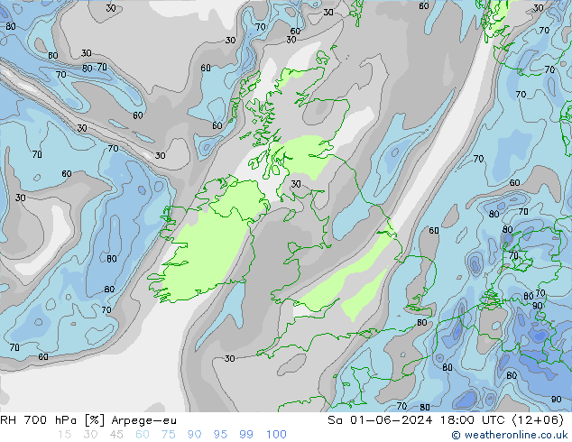 RH 700 hPa Arpege-eu Sáb 01.06.2024 18 UTC