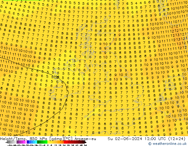 Height/Temp. 850 hPa Arpege-eu Su 02.06.2024 12 UTC