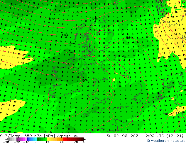 SLP/Temp. 850 hPa Arpege-eu nie. 02.06.2024 12 UTC