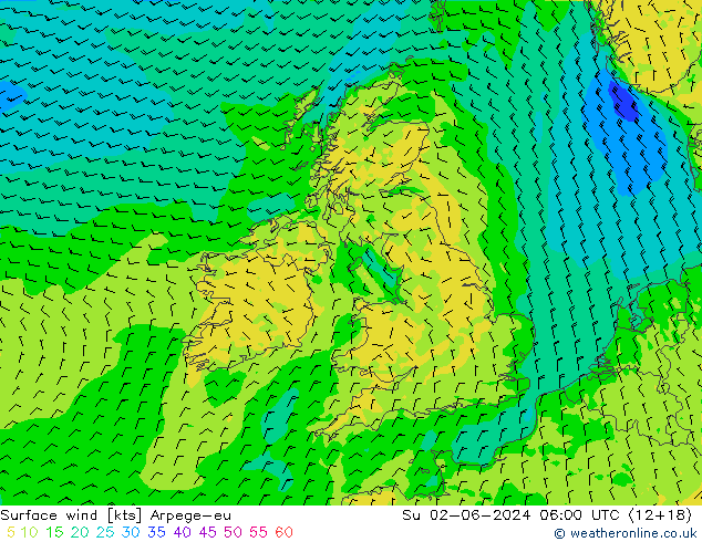 Vento 10 m Arpege-eu Dom 02.06.2024 06 UTC