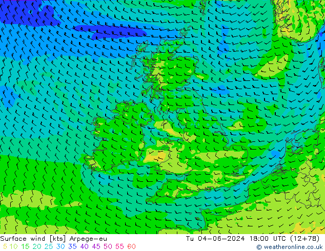 Surface wind Arpege-eu Út 04.06.2024 18 UTC