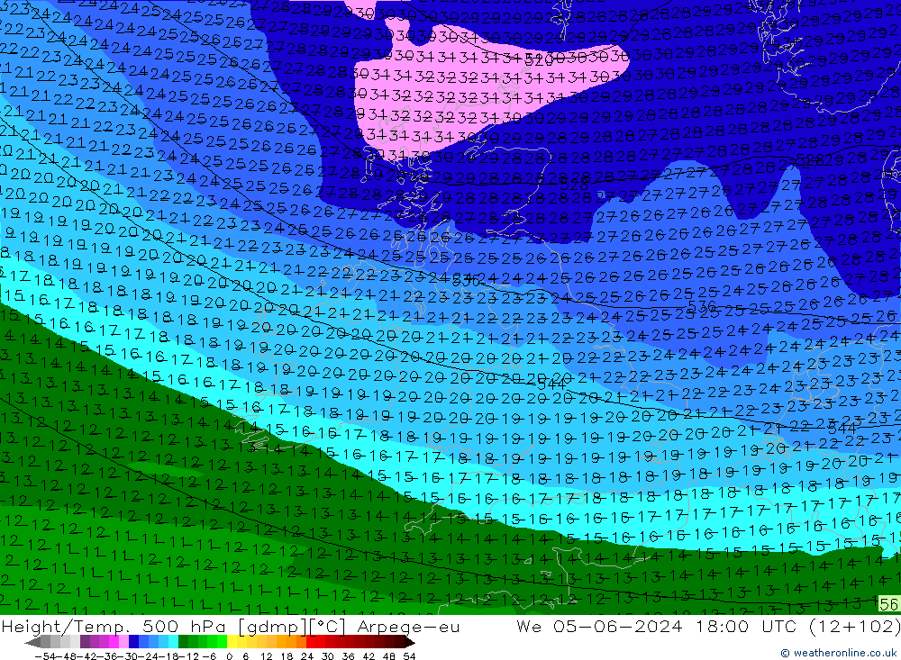 Height/Temp. 500 hPa Arpege-eu  05.06.2024 18 UTC