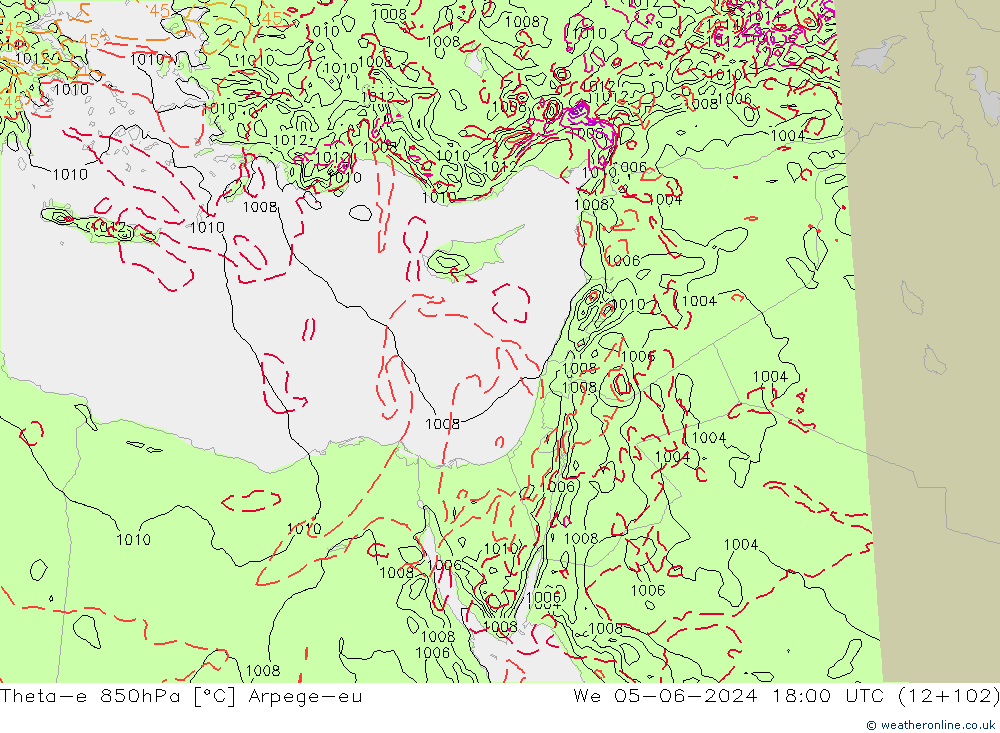 Theta-e 850hPa Arpege-eu We 05.06.2024 18 UTC