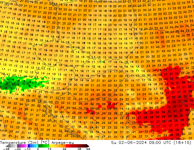 Temperature (2m) Arpege-eu Su 02.06.2024 09 UTC