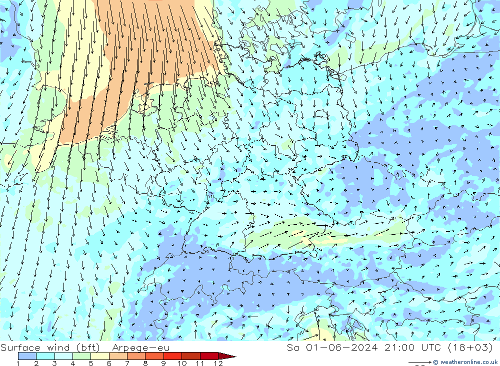 Surface wind (bft) Arpege-eu Sa 01.06.2024 21 UTC
