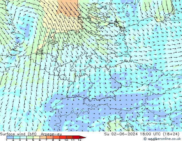 Surface wind (bft) Arpege-eu Ne 02.06.2024 18 UTC