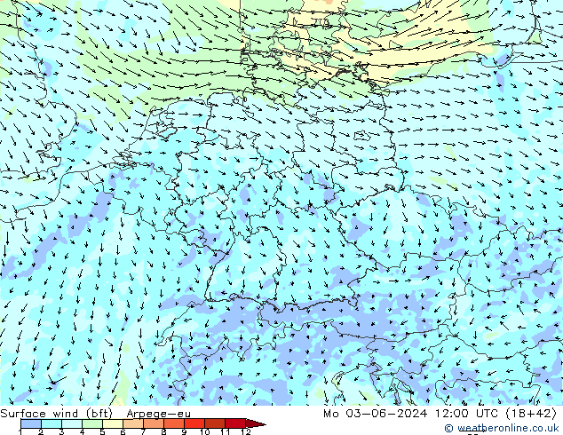 Surface wind (bft) Arpege-eu Mo 03.06.2024 12 UTC