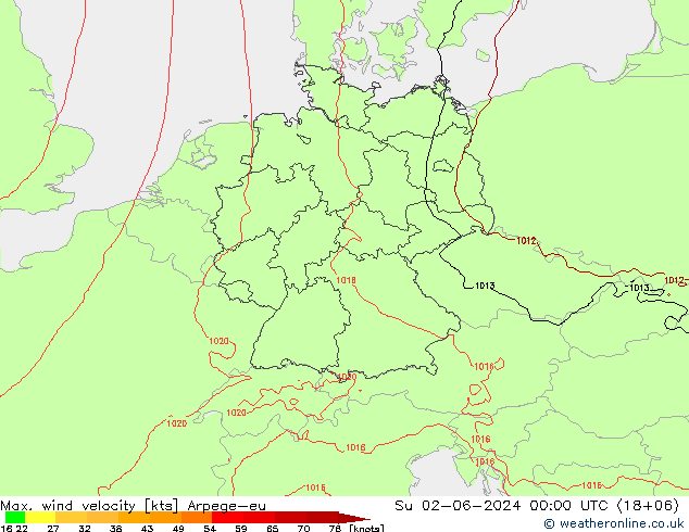 Max. wind velocity Arpege-eu dom 02.06.2024 00 UTC