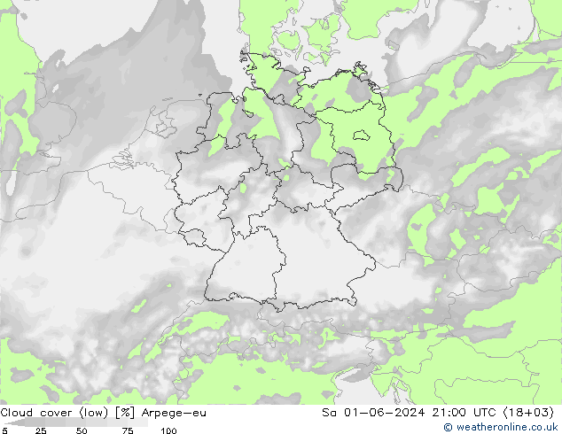 Cloud cover (low) Arpege-eu Sa 01.06.2024 21 UTC