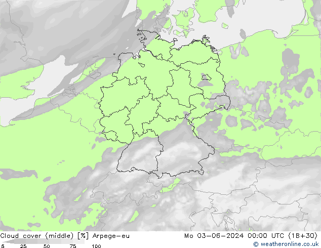 Cloud cover (middle) Arpege-eu Mo 03.06.2024 00 UTC