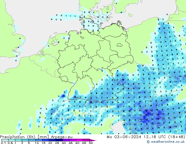 Precipitation (6h) Arpege-eu Mo 03.06.2024 18 UTC
